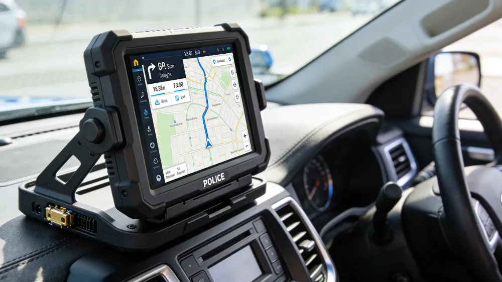 rugged vehicle-mounted tablet securely mounted on the dashboard of a modern police SUV