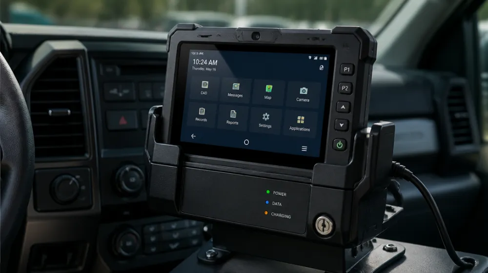 Rugged mobile data terminal mounted inside a fleet vehicle